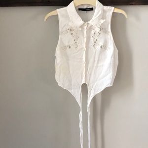 White lace button up crop tie shirt with collar